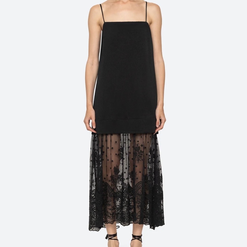 Sea New York Boa Satin Elegant Black Sheer Overlay Dress